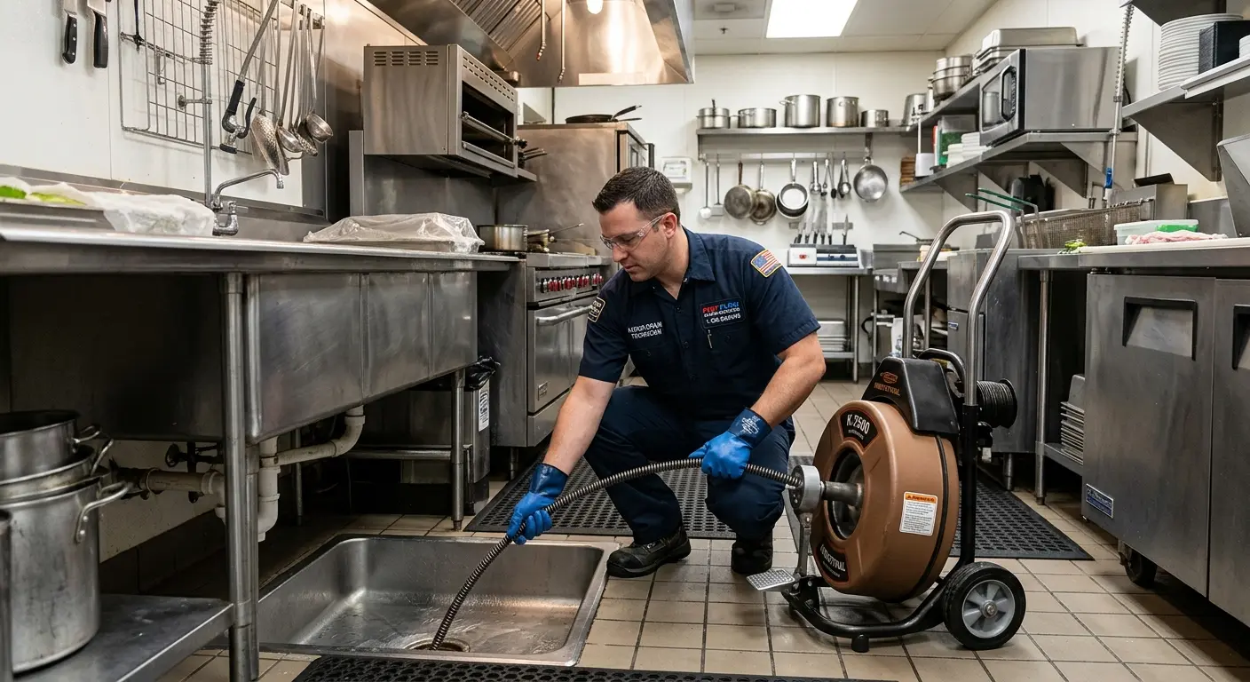 Commercial drain cleaning service in a restaurant kitchen in Arcadia