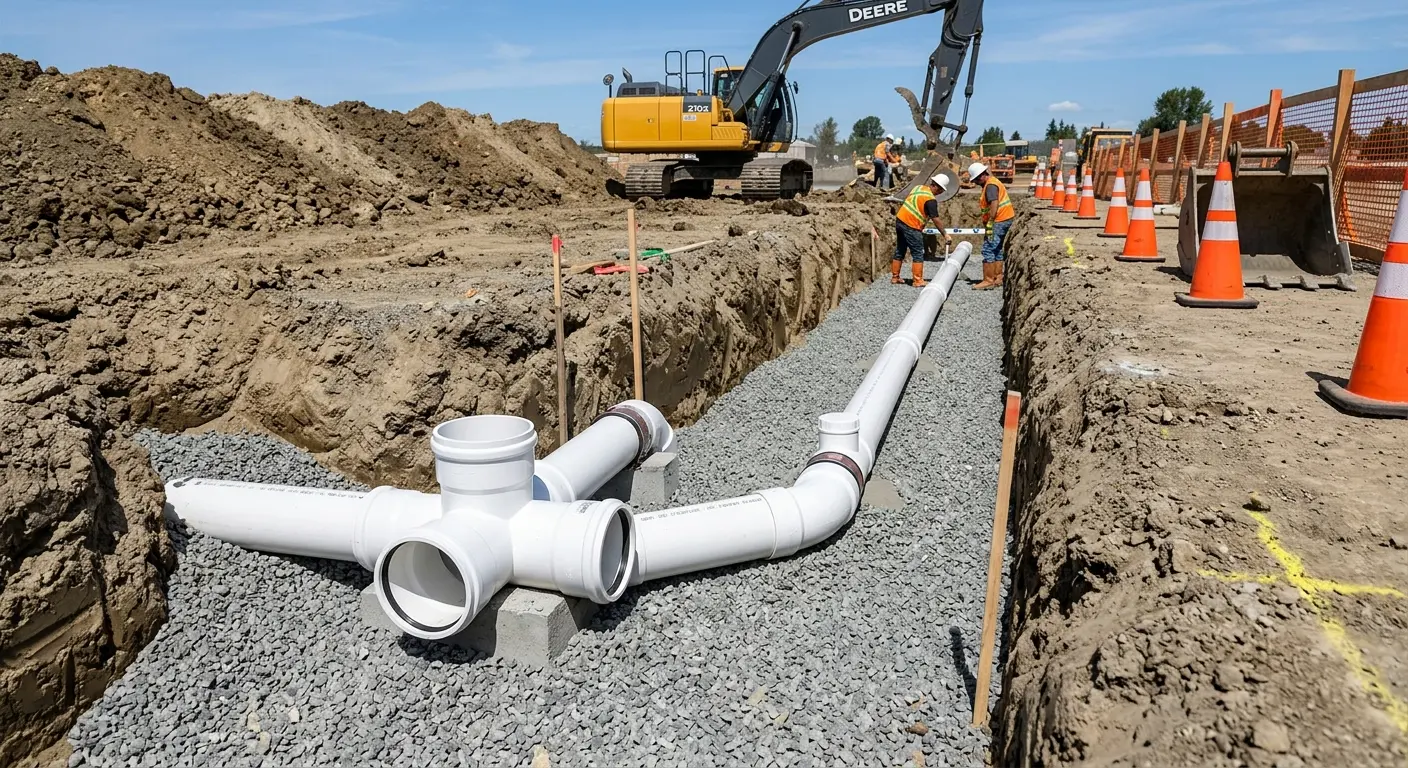 New PVC sewer pipe installation in open trench for Sewer Backup in Arcadia